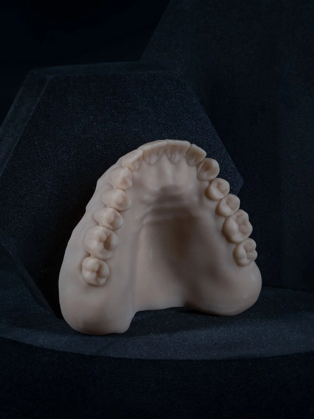 A dental mold of the upper teeth on black foam with a dark background.