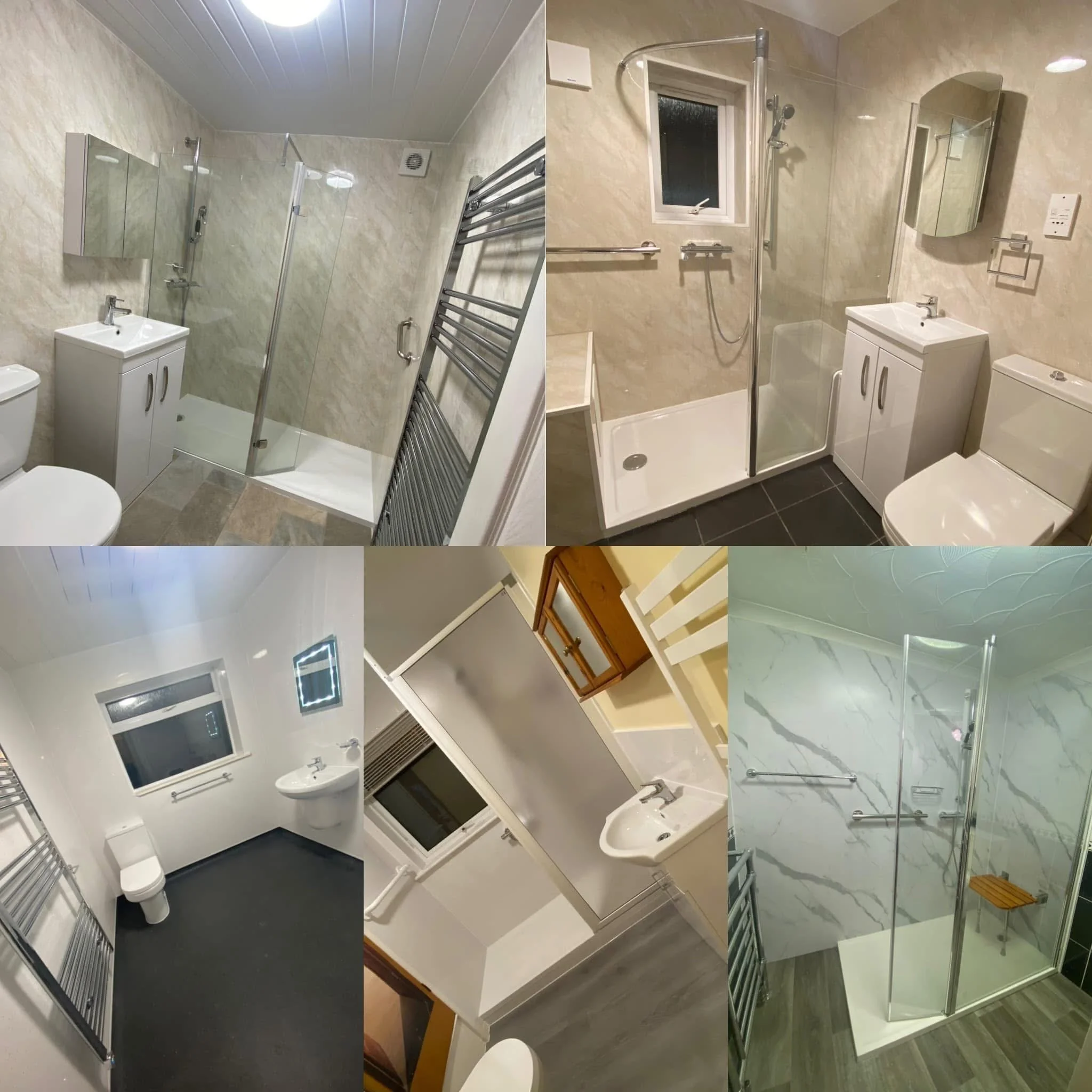Collection of four different bathrooms, each with a shower area featuring glass doors or panels, toilets, sinks, mirrors, and various wall and floor tiling styles.