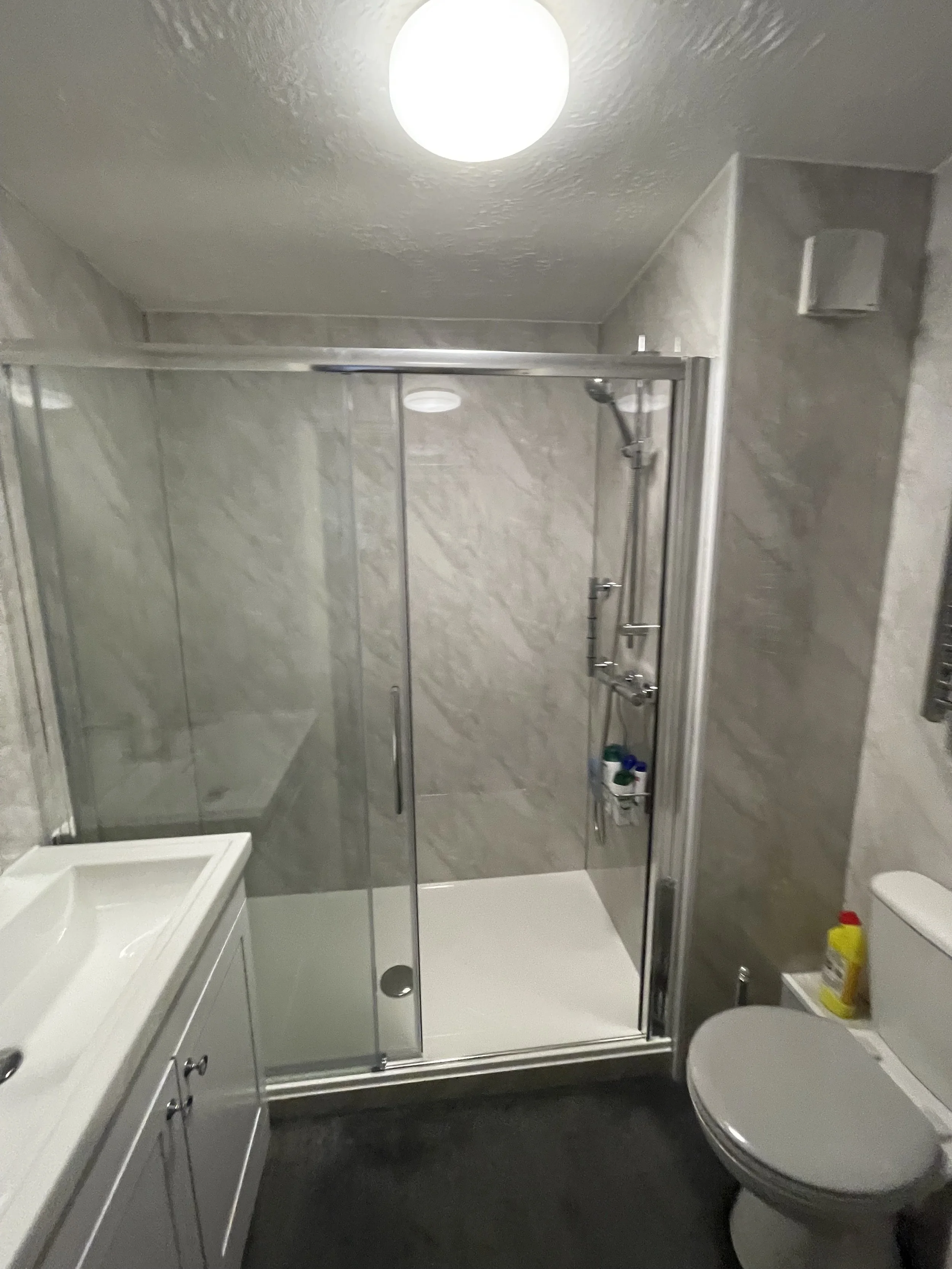 Bathroom with a glass-enclosed shower, a white vanity with a sink, and a toilet, with a dark floor and light gray walls.