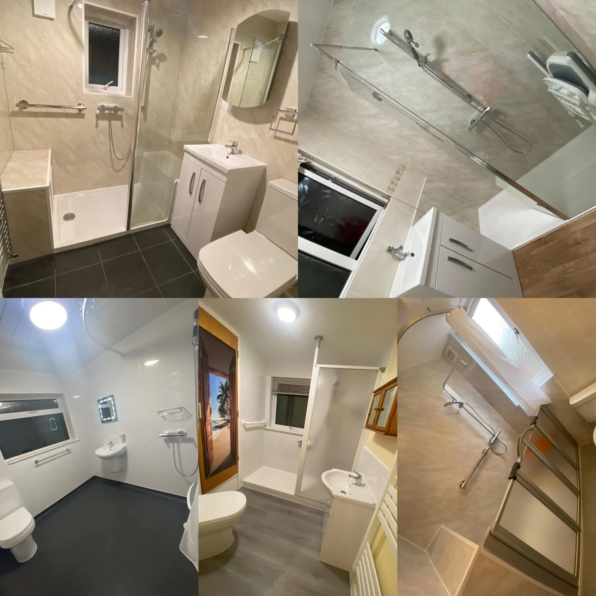 Collage of five different bathrooms and a toilet room, showing various fixtures and decor styles, including showers, toilets, sinks, windows, and towel racks.