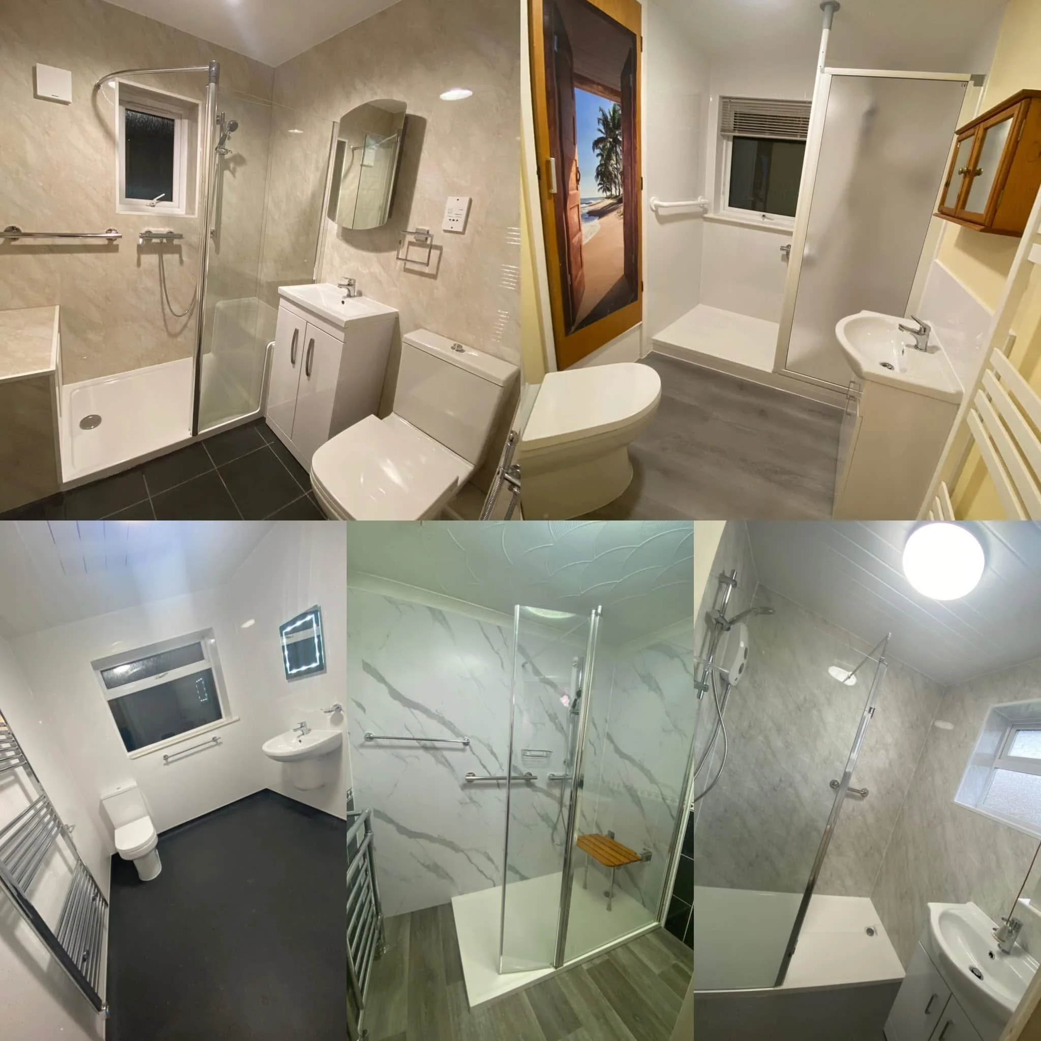 Collage of six bathroom interiors with sinks, toilets, showers, and various tiling styles, some with windows and some with modern fixtures.
