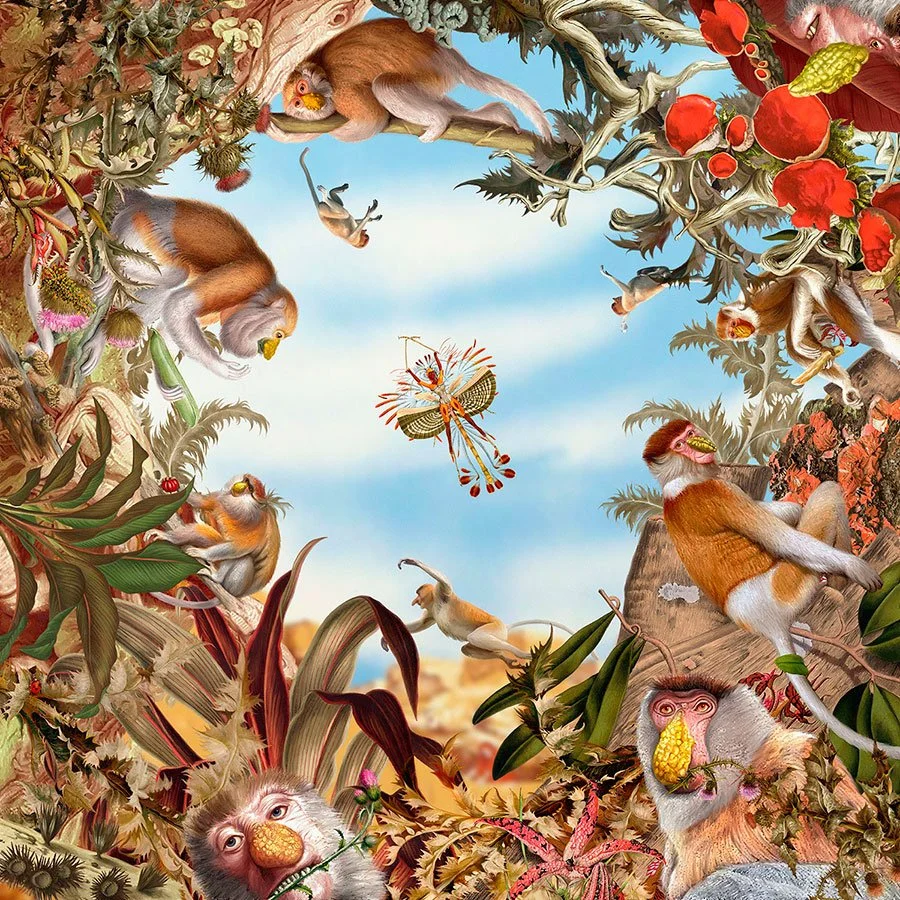 Whimsical silk scarf artwork of monkeys swinging and flying amid thorny burrs, red flowers, corn, and branches under a blue sky, with a central large phoenix-like bird with red wing tips and intricate feather details in warm earthy tones