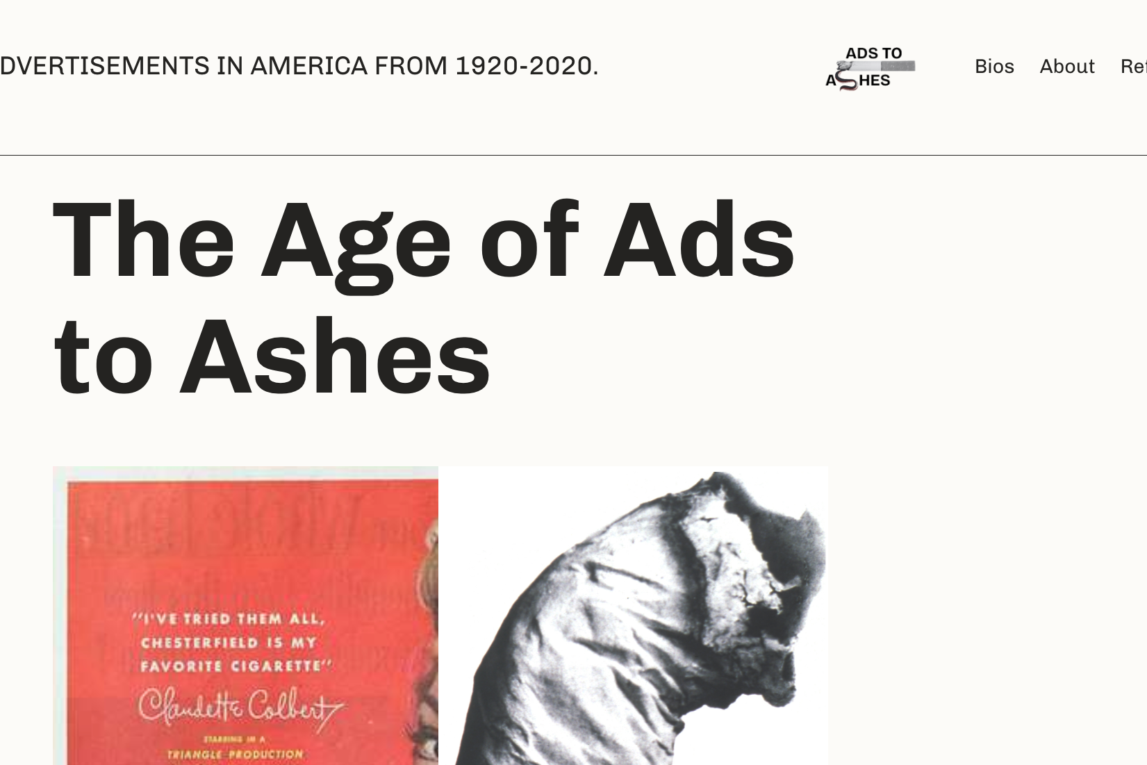 Screenshot of homepage of Ads to Ashes blog