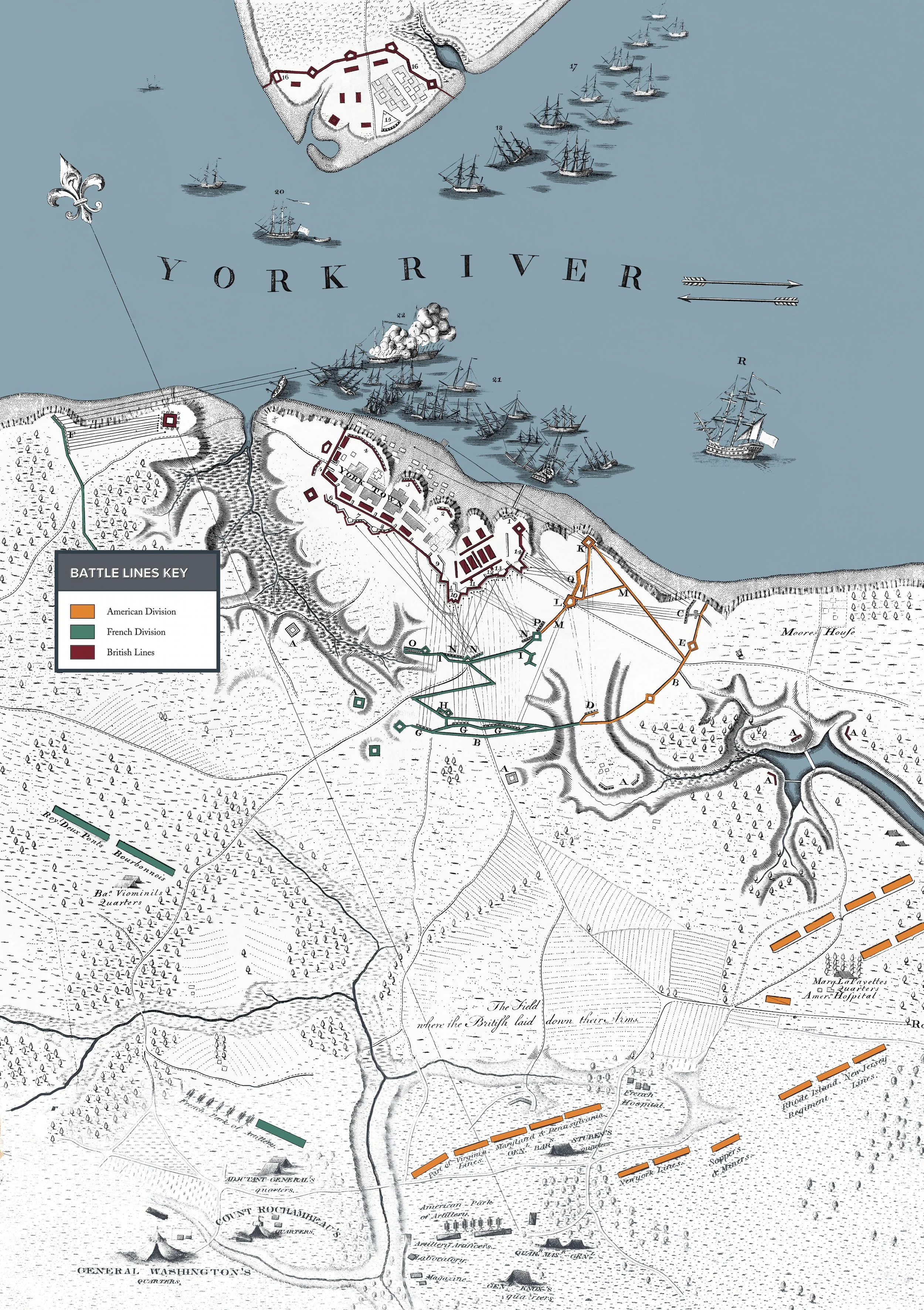 Historical map of York River during a battle with colored lines representing different military divisions and ships in the water.