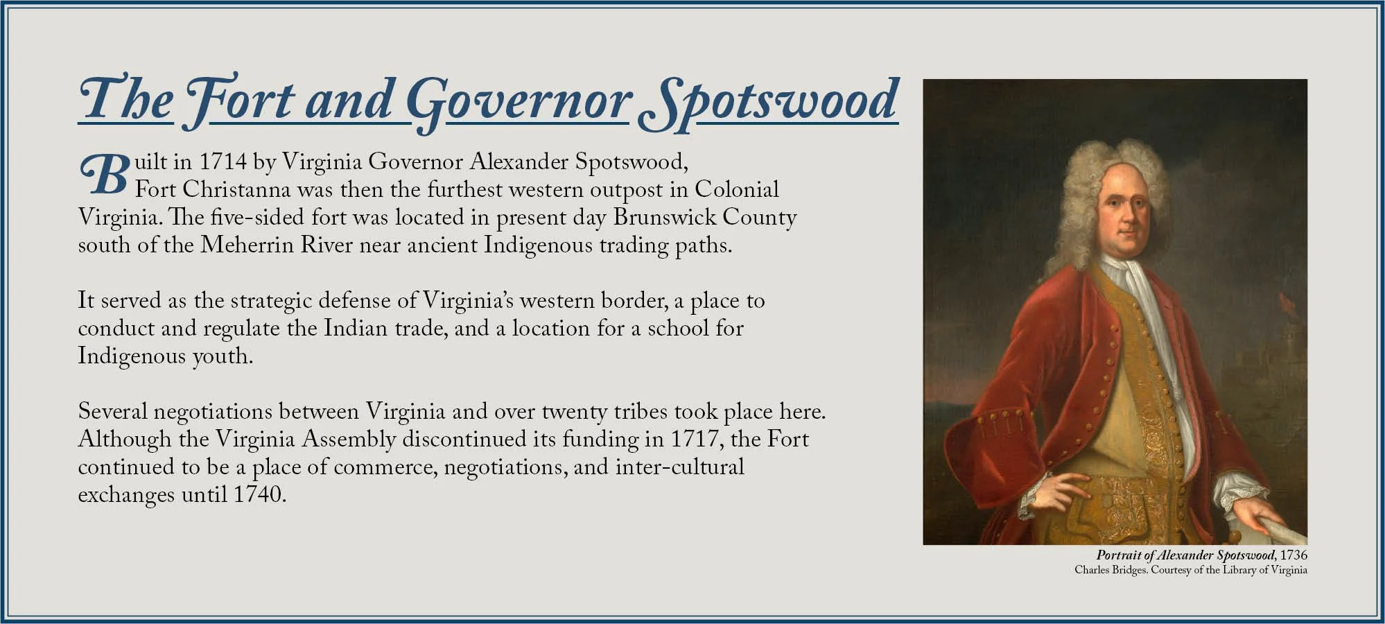 Informational sign about Fort and Governor Spotswood with a portrait of Alexander Spotswood on the right side, dressed in 18th-century attire.