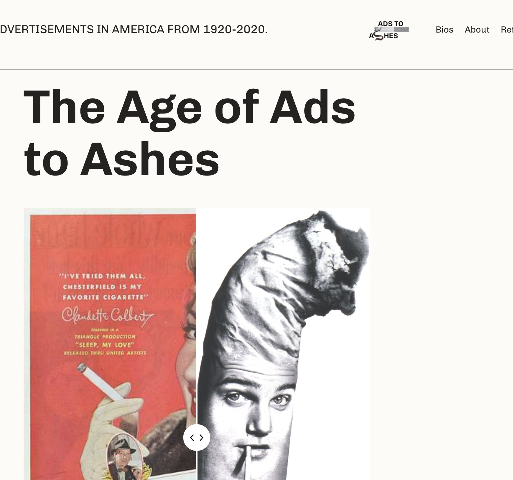 A screenshot of a website titled "The Age of Ads to Ashes" with a cigarette butt anti-smoking picture