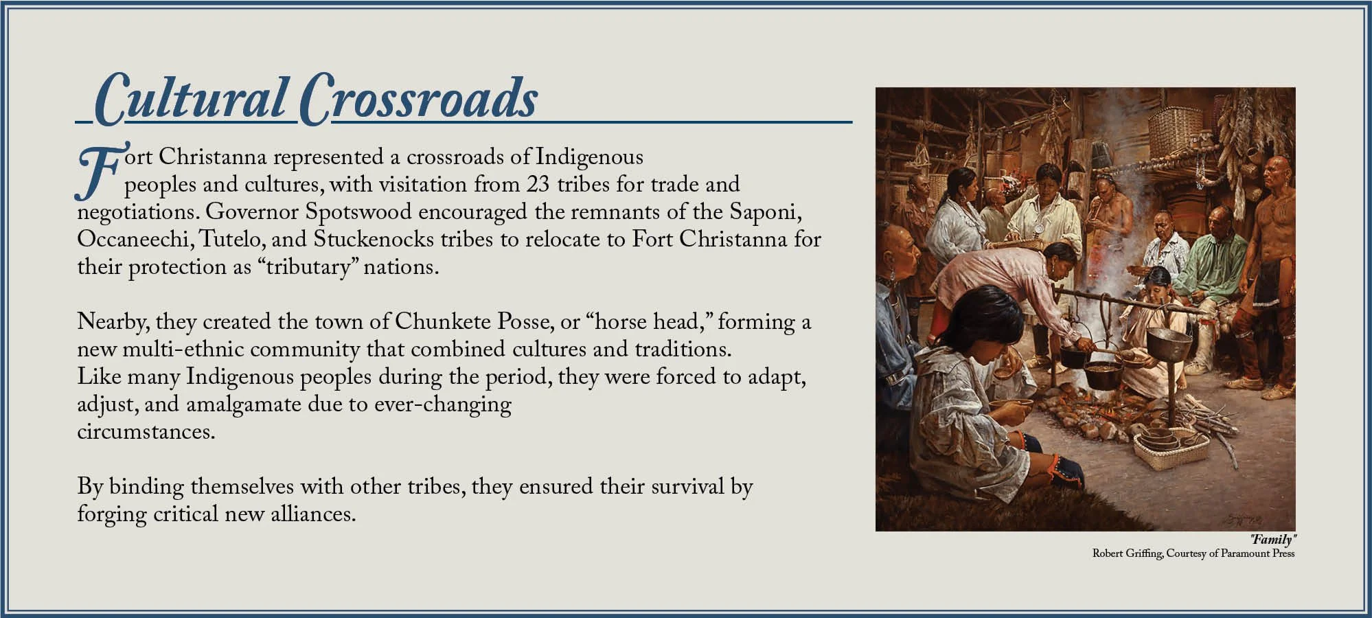 An indoor scene depicting Indigenous people gathered around a fire, engaging in a communal activity, with some sitting and some standing, in a rustic setting with traditional decor and artifacts.