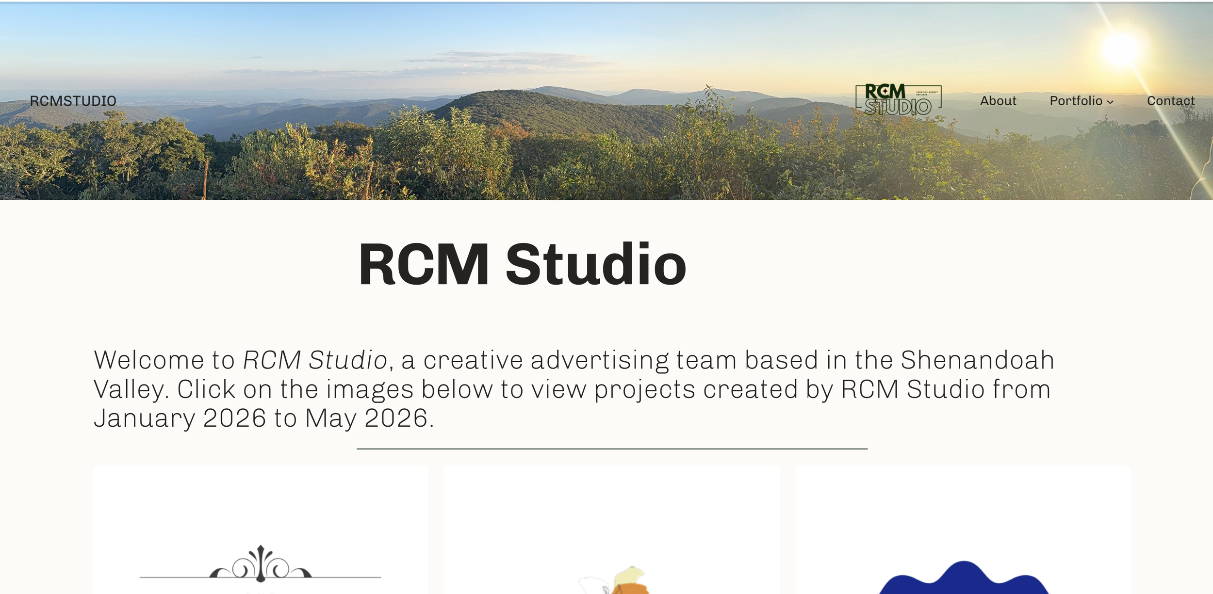 Screenshot of homepage of RCM Studio Creative Agency Webpage
