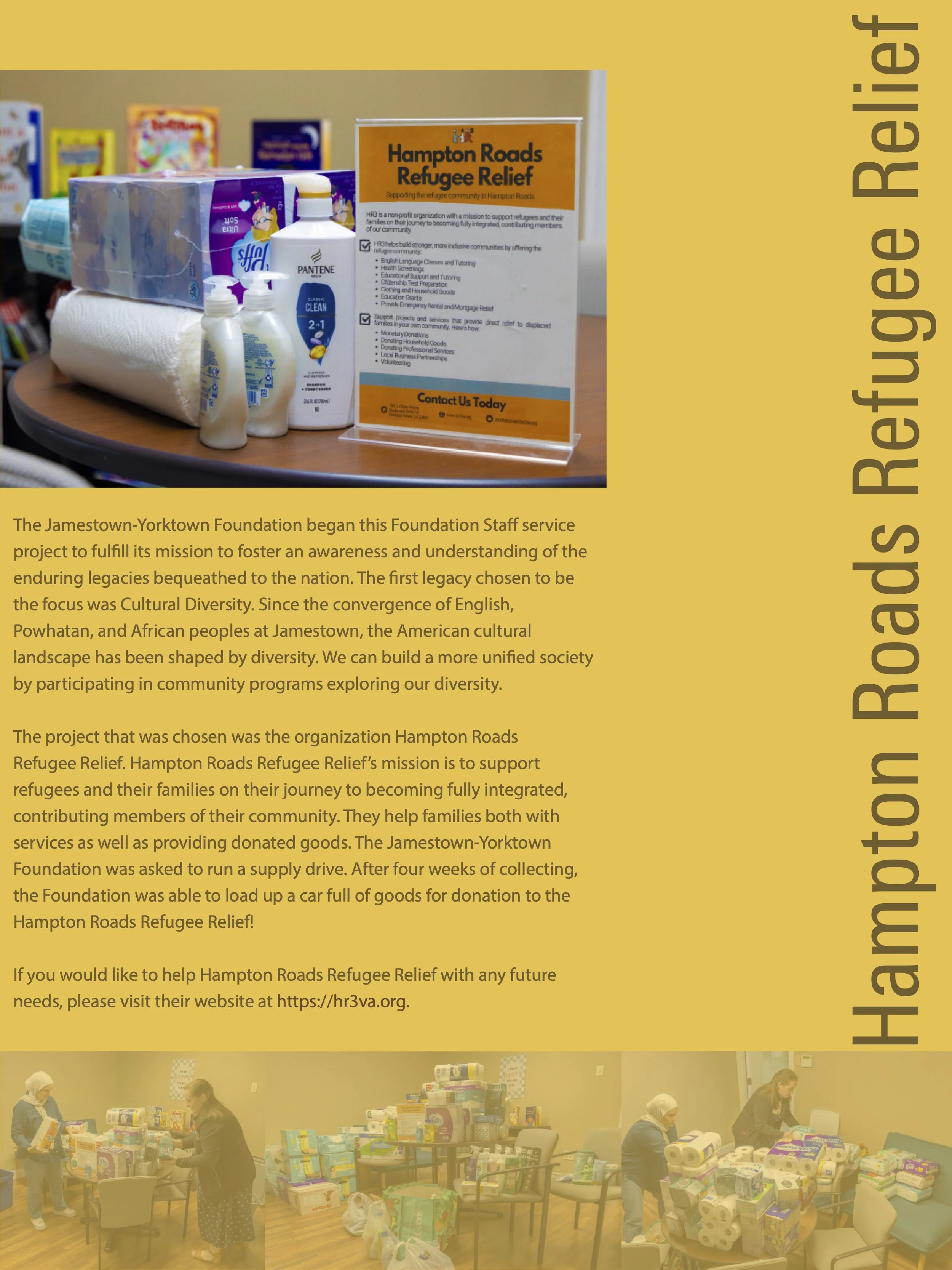 A display of toiletries and hygiene products on a table, with information about Hampton Roads Refugee Relief, and a group of people packing donations of toiletries and household supplies at a community center.