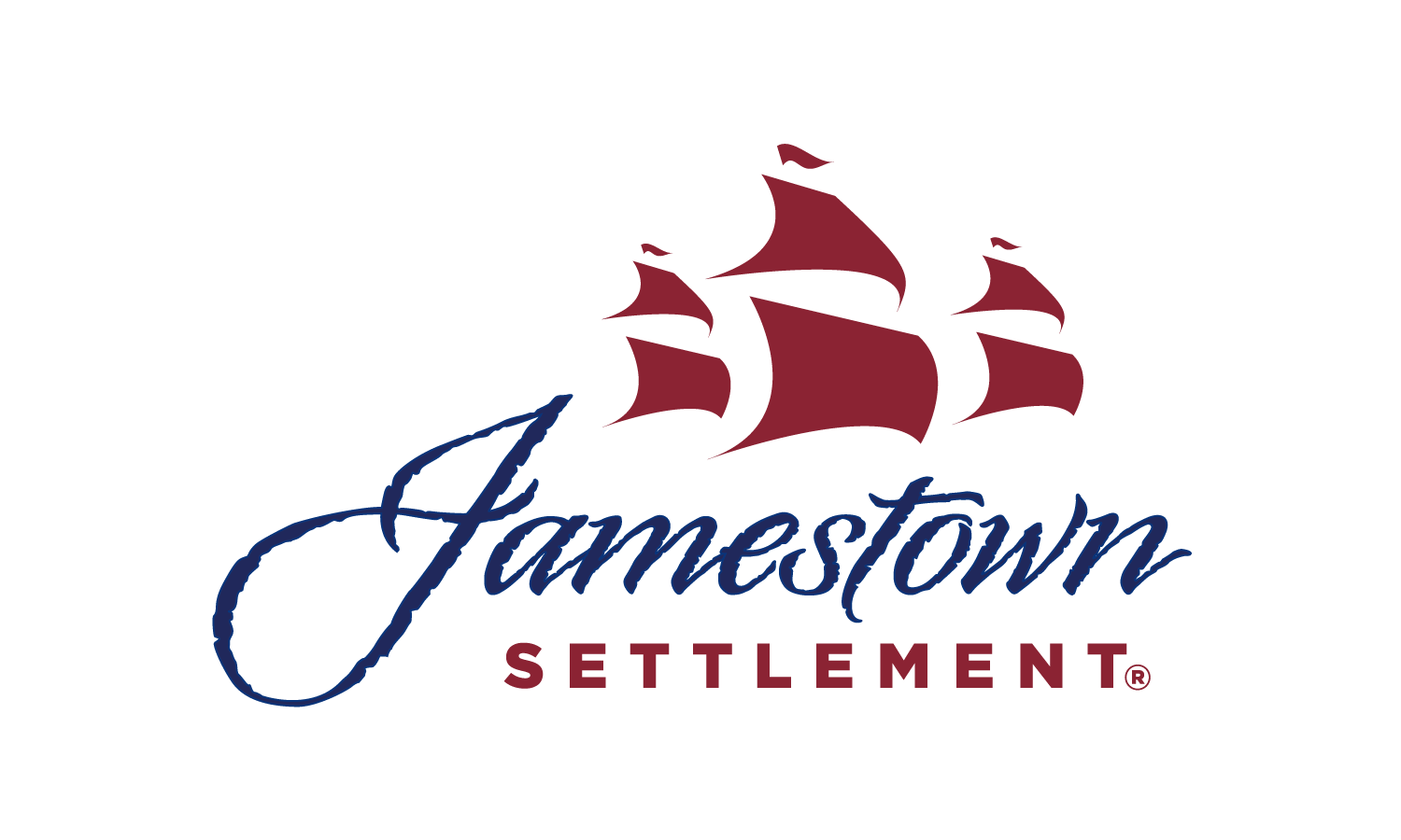 Logo of Jamestown Settlement featuring a stylized red sailing ship above the text 'Jamestown' in blue cursive and 'SETTLEMENT' in red capital letters.