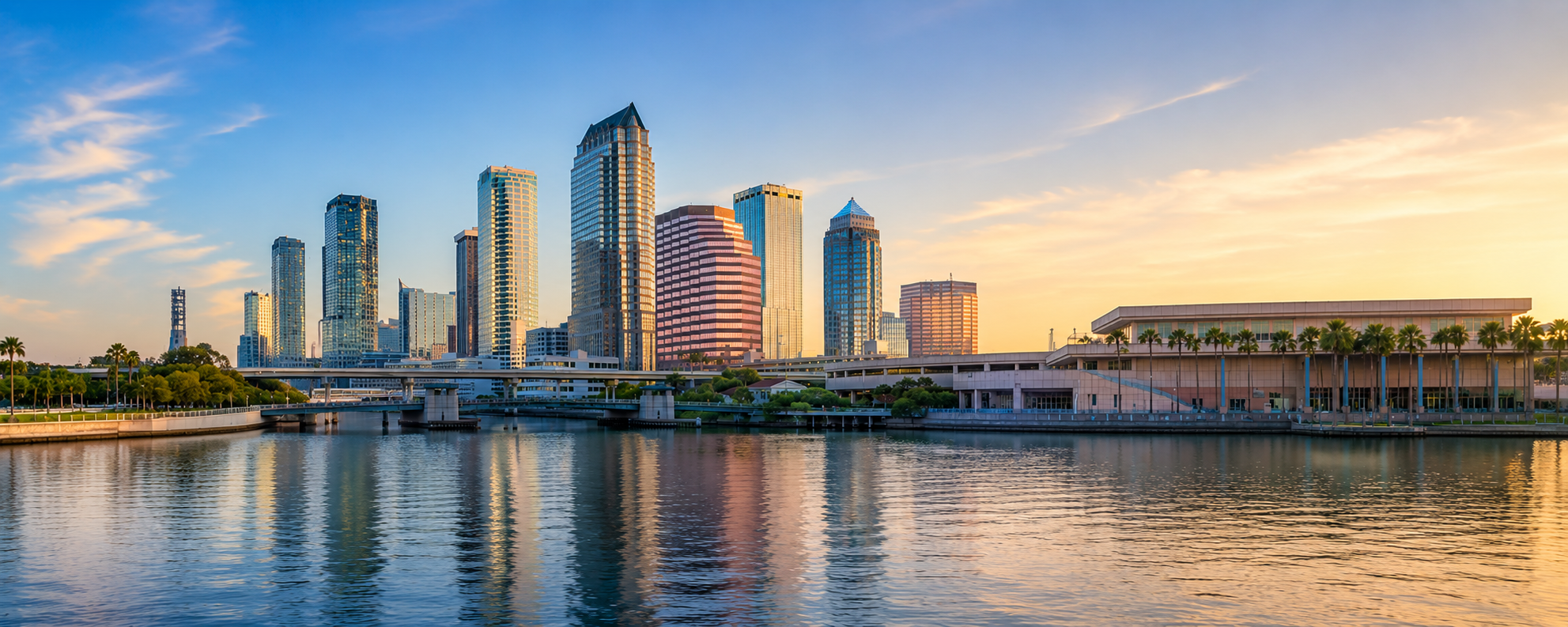 Sunset over a city skyline with tall modern glass skyscrapers, a waterway reflecting the buildings, and a park area with palm trees in the foreground.