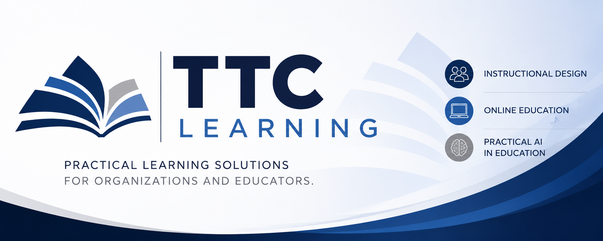 A digital graphic promoting TTC Learning with a logo of an open book with 5 blue and gray pages. The text reads 'TTC Learning,' 'Practical Learning Solutions for Organizations and Educators,' and lists three features: Instructional Design, Online Education, Practical AI in Education, with icons next to each.