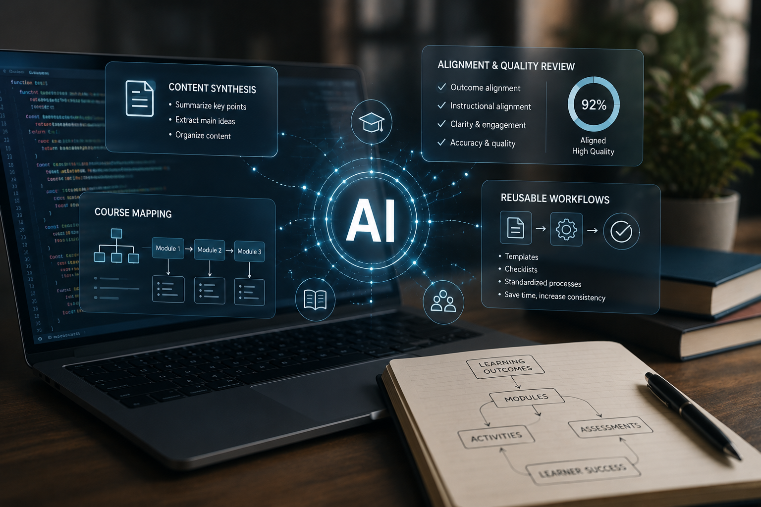 A digital infographic displayed on a laptop screen about AI in education, with sections on content synthesis, course mapping, alignment and quality review, and reusable workflows. A notebook with a flowchart and a pen are on the table in front of the laptop.