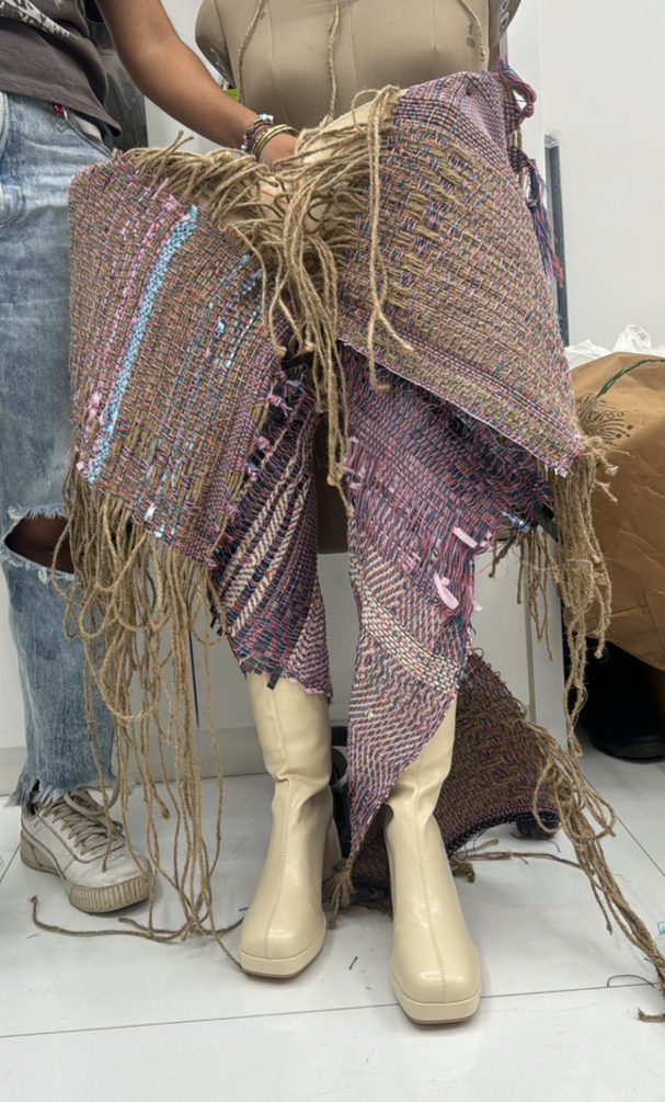 Boots Wrap | 
Cotton, Jute and Birthday Streamers Woven on 8 Shaft Table loom for Found Objects project 