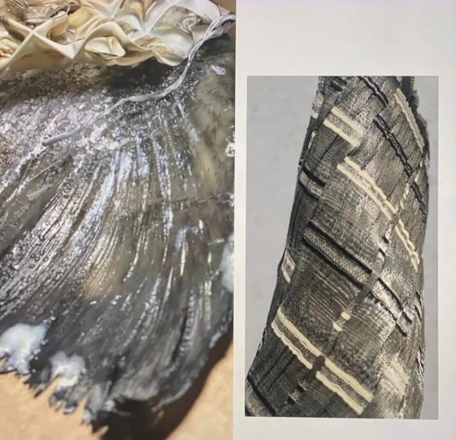 Coastal Debris Metamorphosis
Paper, Elastic and Mono. 

(Attempt at recreating texture of Fish fin, on left)