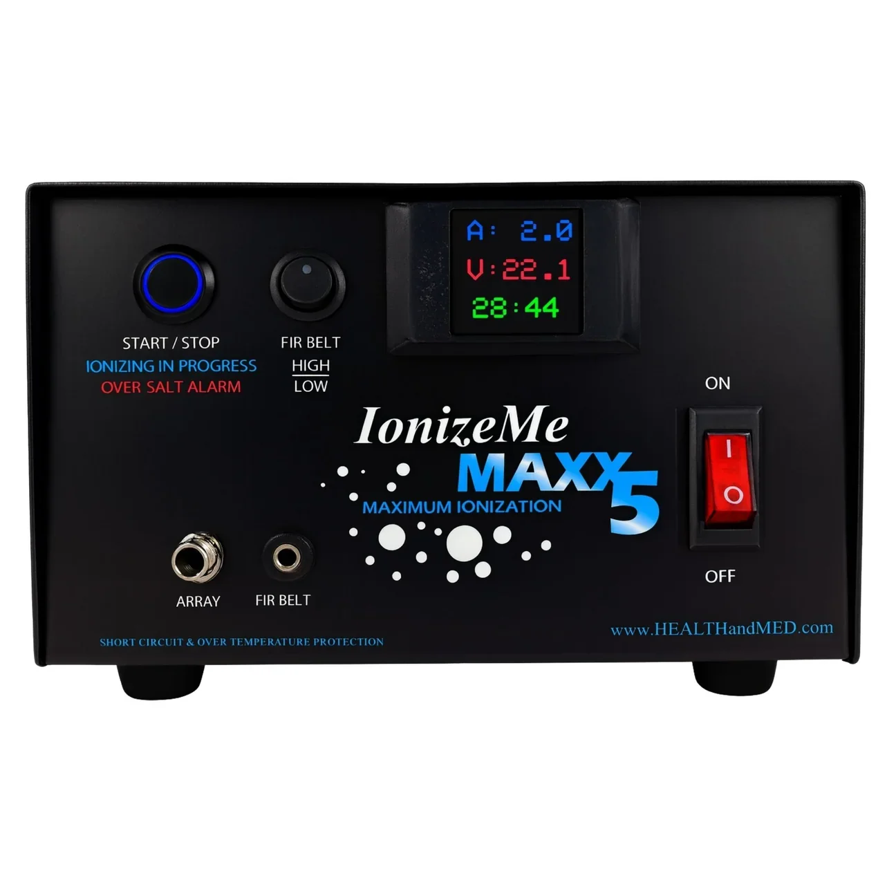 Black ionization device labeled 'IonizeMe MAXX5' with digital display, red power switch, and two connectors on the front.