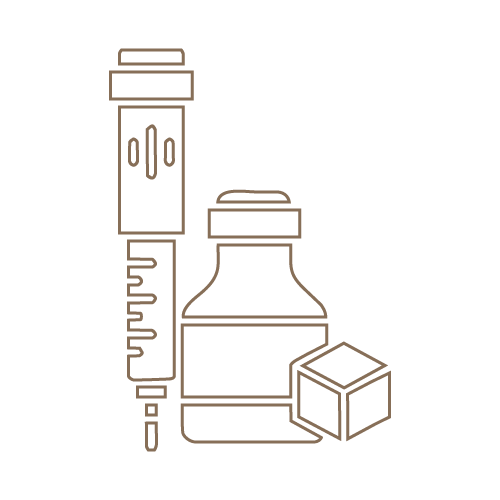 Illustration of medical supplies including a syringe, a small bottle, and a cube-shaped box.