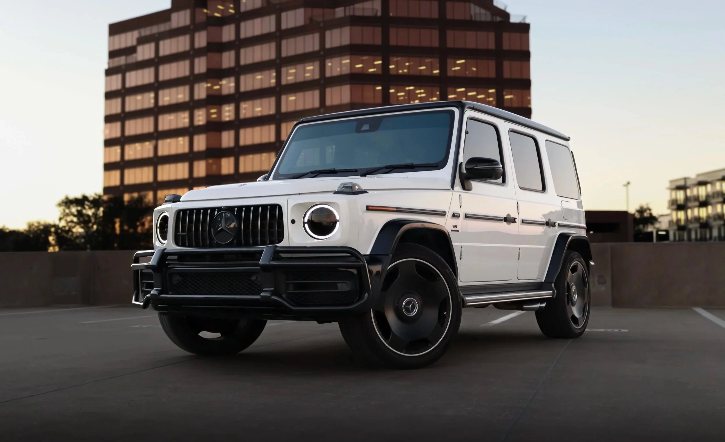 White Mercedes G-Wagon AMG G63 available for luxury SUV rental in Tampa, Florida — premium G-Class rental option from SteerForce Rentals.