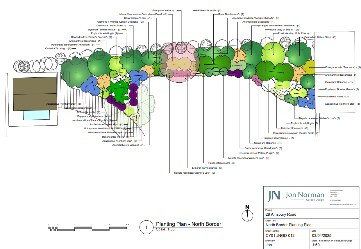 A detailed garden planting plan with labeled plant species, color-coded areas, and a scale bar, created by Jon Norman for North Border. Includes a North arrow for orientation.