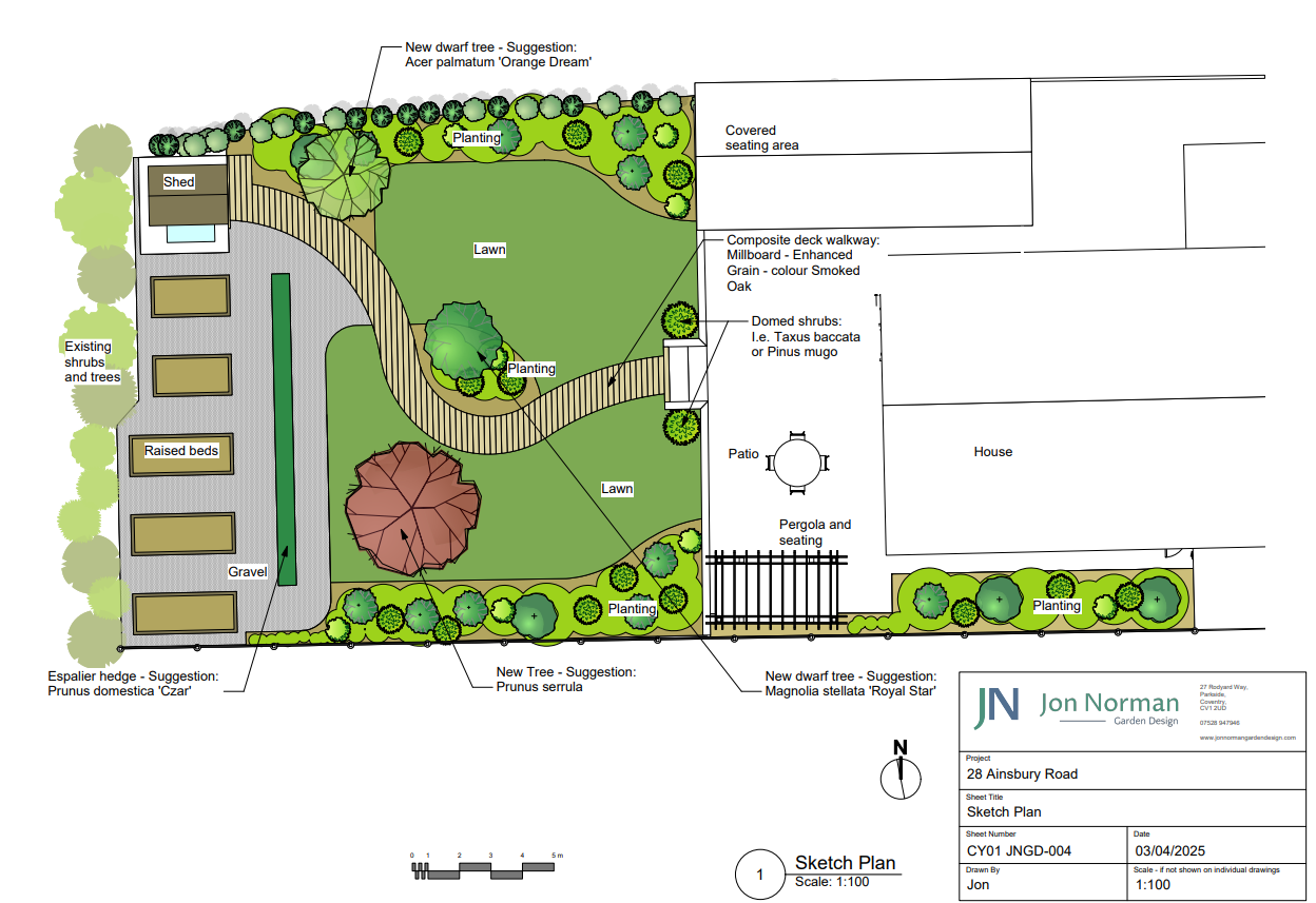 Landscape design plan showing areas for lawn, planting, covered seating, patio, pergola with seating, a shed, gravel parking, and existing trees. Features include new dwarf trees, domed shrubs, raised beds, and a composite deck walkway.