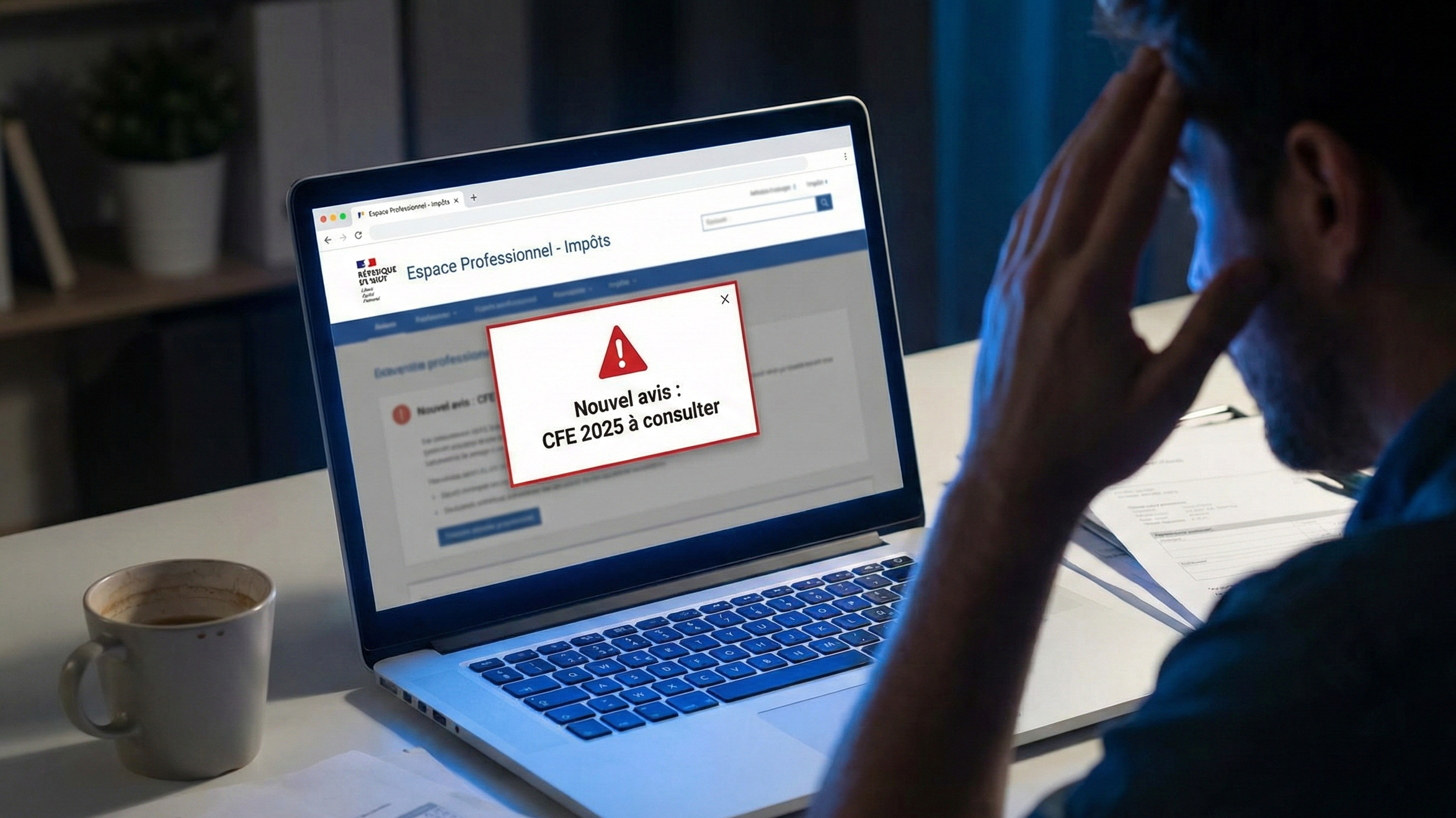Un ordinateur affiche une notification d'un avis de CFE à consulter et à payer