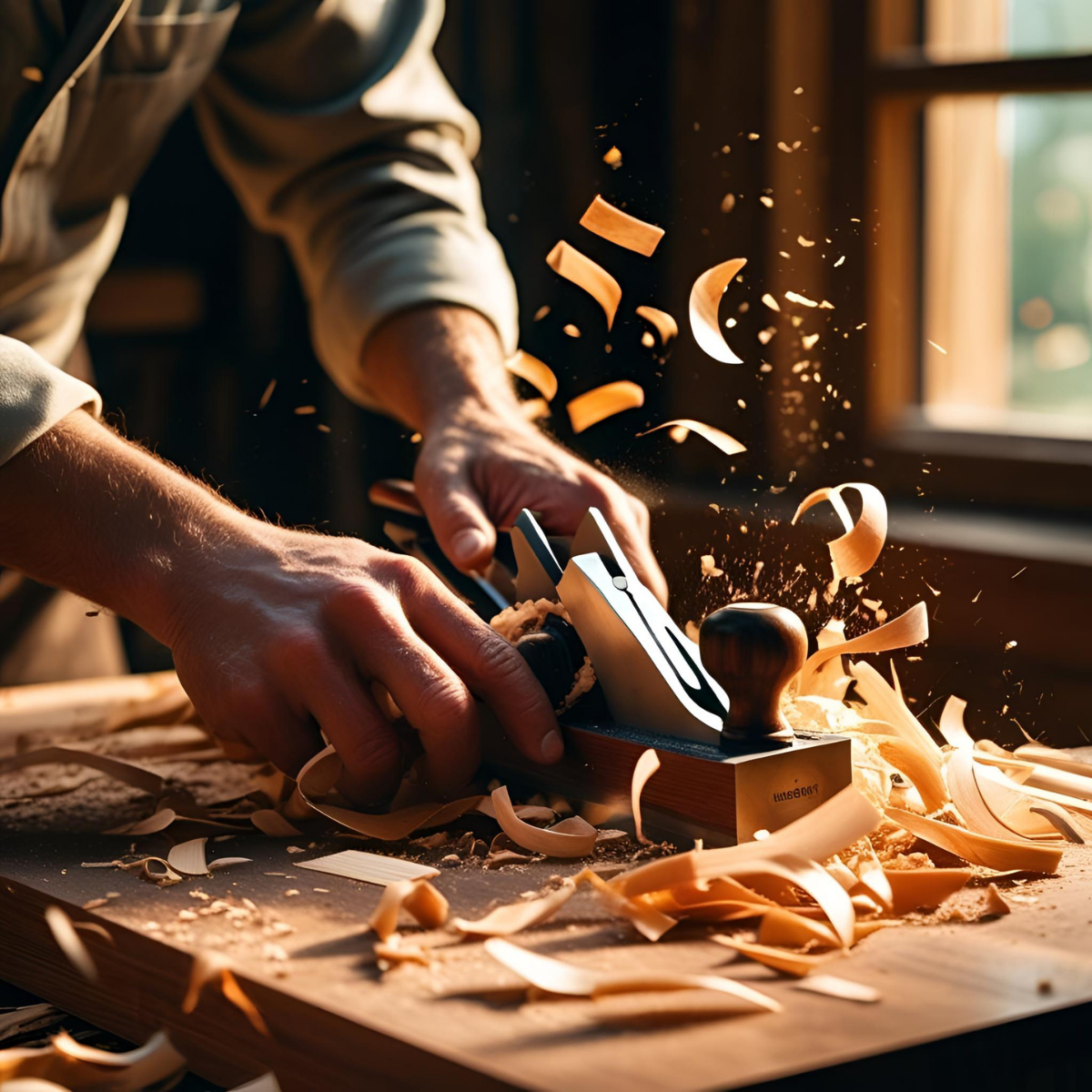 Une personne utilisant un rabot pour limer un morceau de bois dans un atelier, créant des copeaux en l'air.