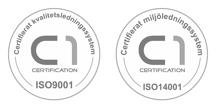 ISO 9001 and ISO 14001 certification badges for quality and environmental management