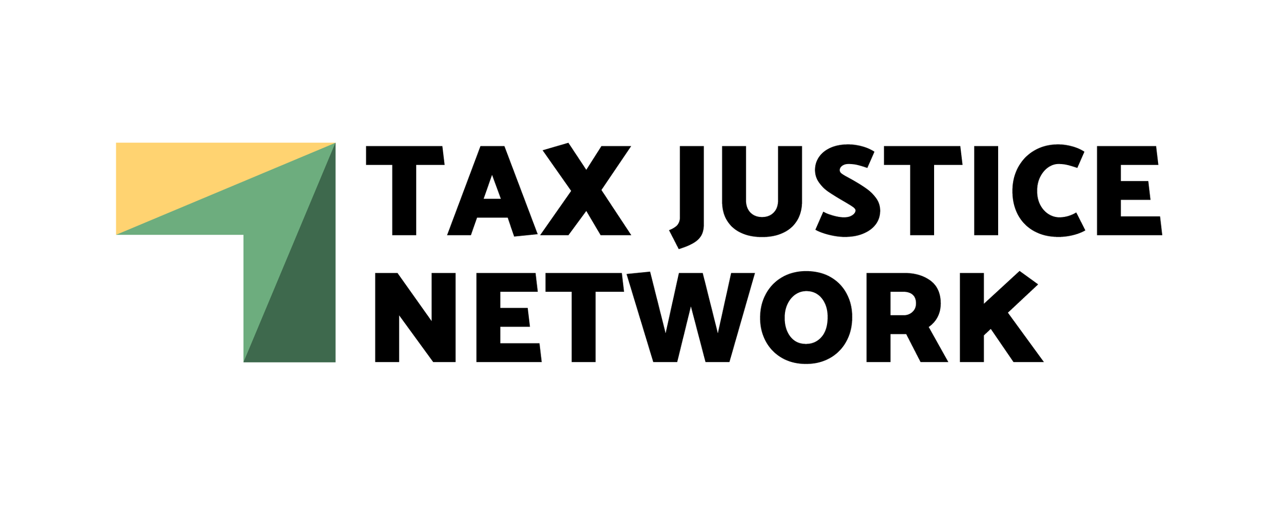 Logo of the Tax Justice Network, featuring a large shape in yellow and green pointing to the top right next to 'Tax Justice Network' in black text.