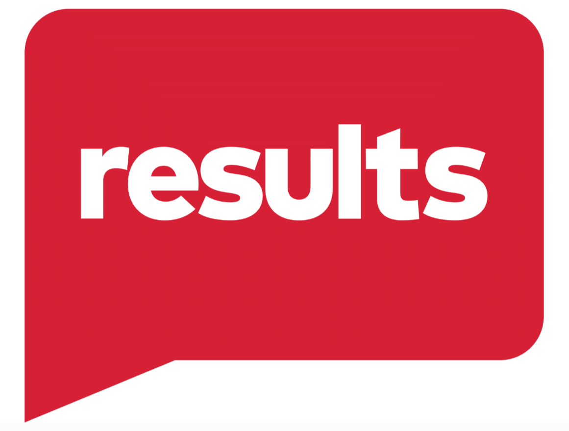 Logo of Results UK featuring a large red speech bubble with the word 'results' in white lowercase letters.