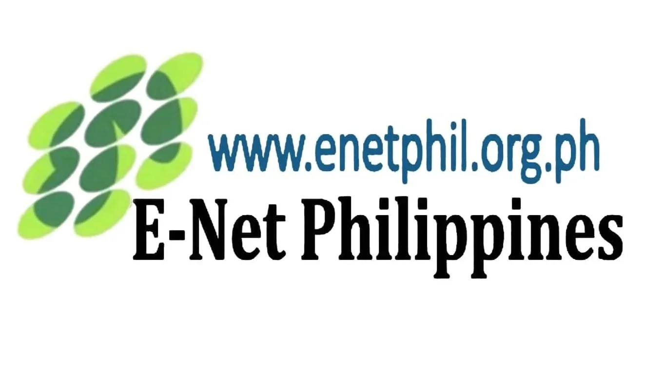 Logo for E-Net Philippines featuring a green and dark green abstract leaf design, the website URL www.enetphil.org.ph, and the text "E-Net Philippines" in black.
