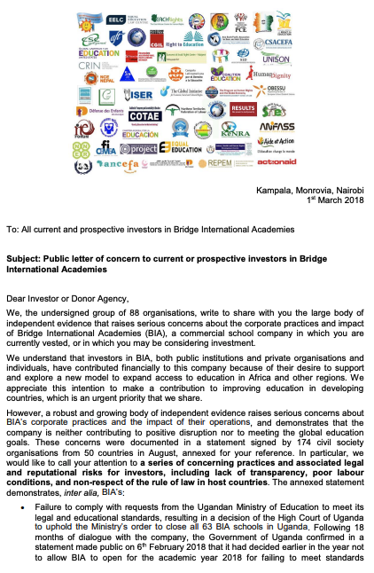 Open Letter: Calling attention of investors to concerning evidence regarding Bridge International Academies