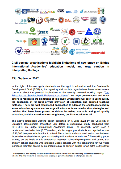 Civil society organisations highlight limitations of new study on Bridge International Academies’ education model, and urge caution in interpreting findings