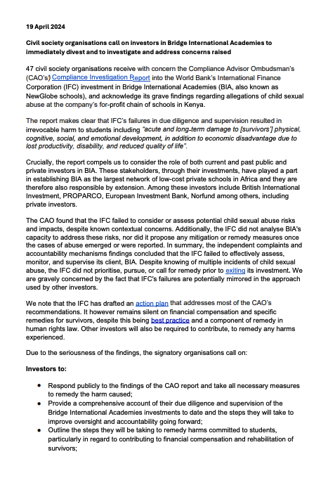 Civil society organisations call on other investors in Bridge International Academies to divest urgently and to address concerns raised