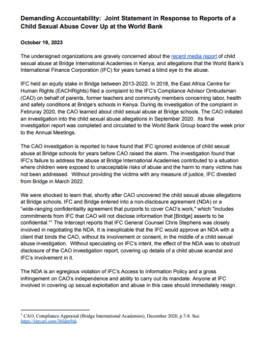 Joint statement in Response to Reports of a Child Sexual Abuse Cover Up at the World Bank