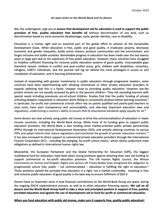 Open Letter: World Bank – ensure development aid for education supports public provision