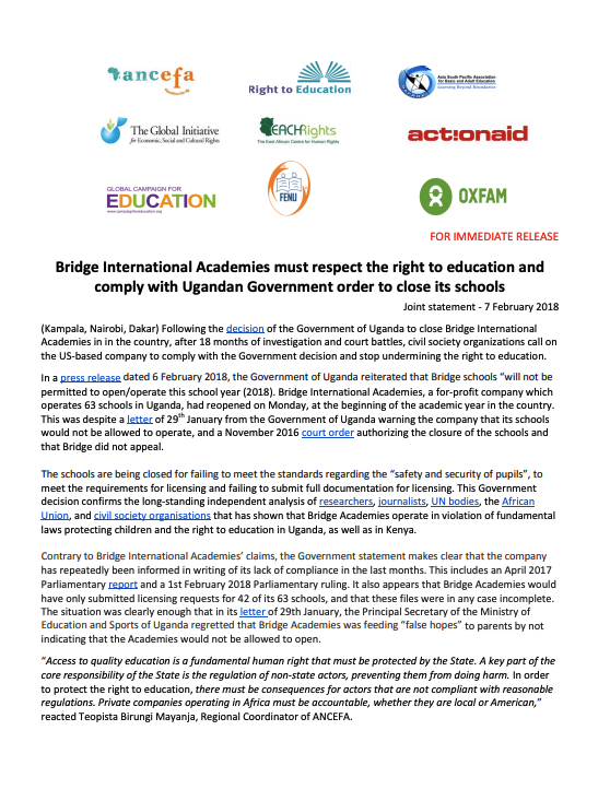 Statement: Bridge International Academies must respect the right to education and comply with Ugandan Government order to close its schools