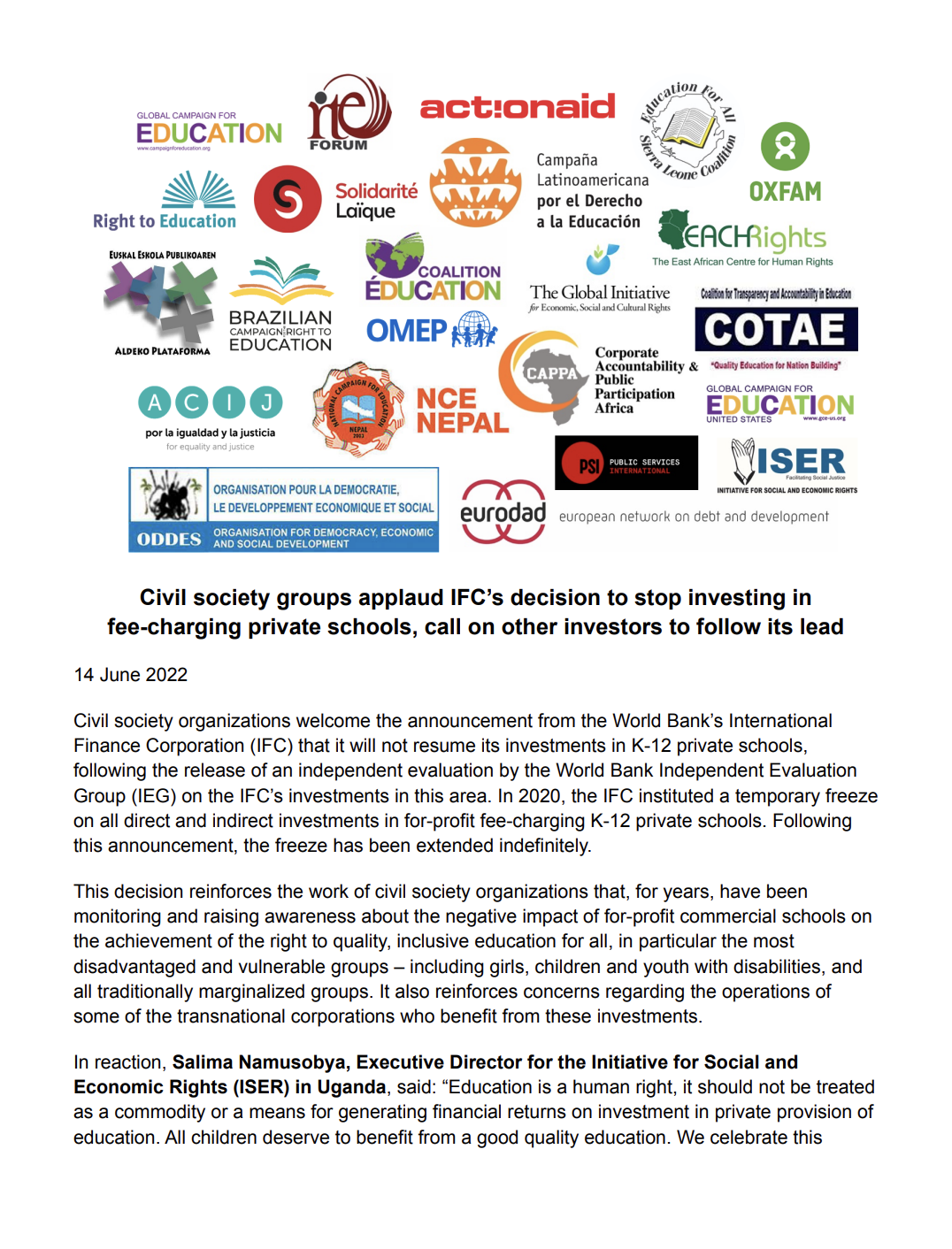 Statement: Civil society groups applaud IFC’s decision to stop investing in fee-charging private schools, call on other investors to follow its lead
