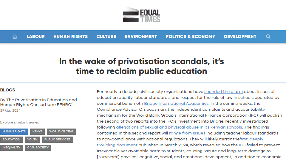 Horizontal screenshot of the blog "In the wake of privatisation scandals, it’s time to reclaim public education".