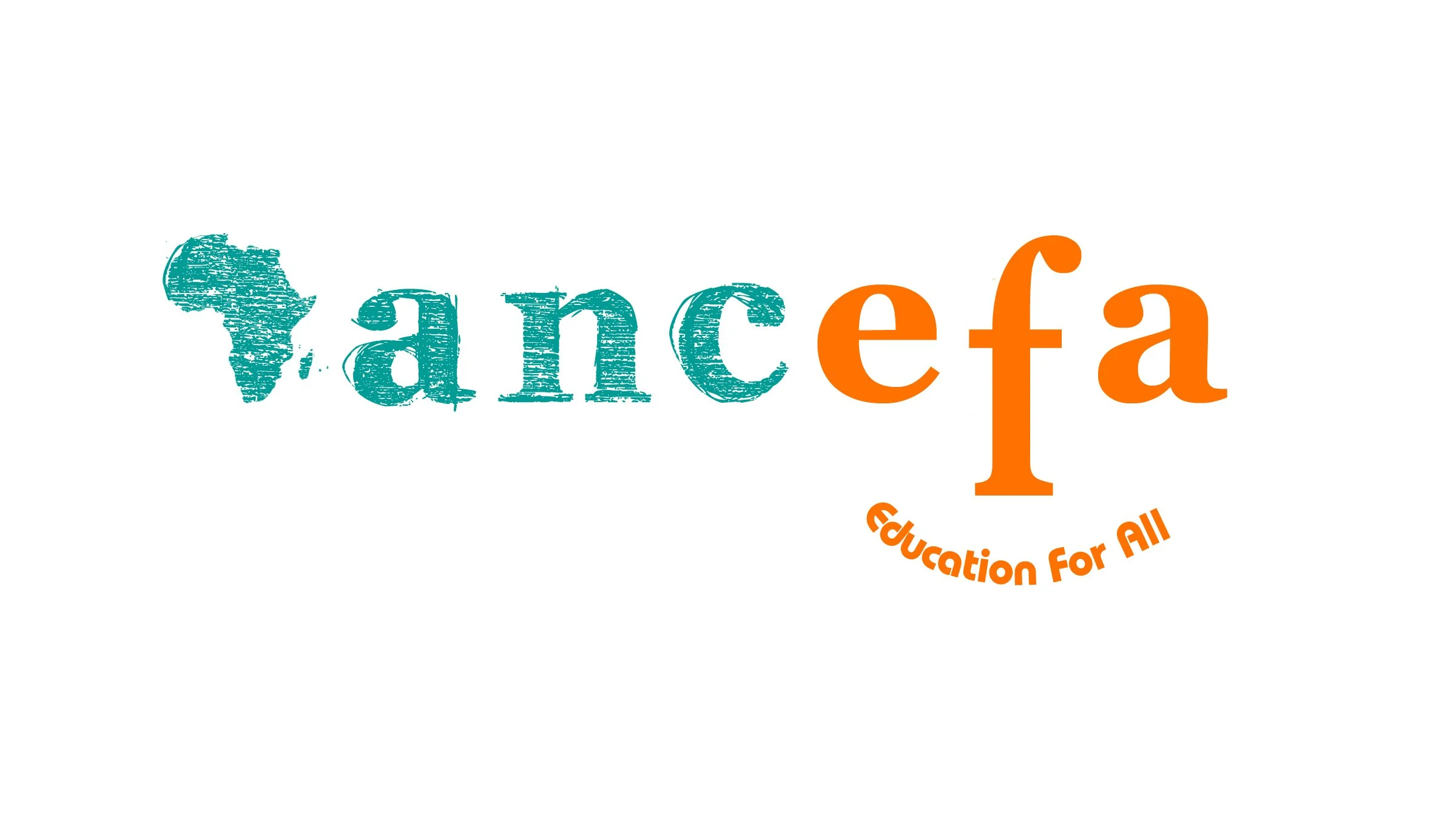 Logo with the word 'ancefa' with ‘anc’ in blue text and ‘efa’ in orange text. To the left of the text, there is an outline of Africa in blue. Below the 'f', the tagline 'Education For All' is curved in orange.