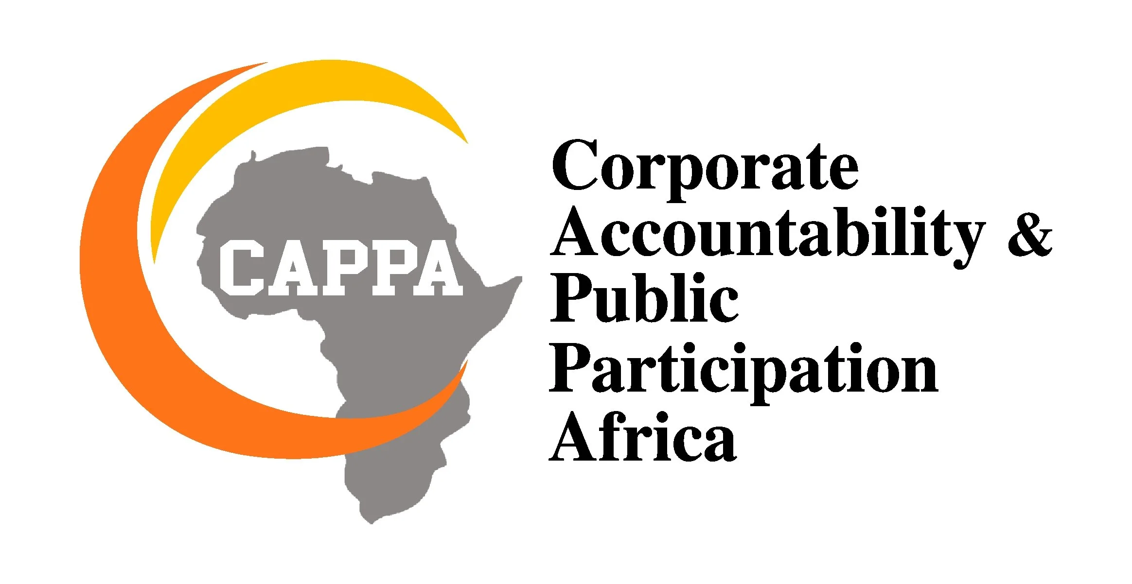 Logo of CAPPA with a grey map of Africa, the acronym CAPPA in white on the map, and the full name 'Corporate Accountability & Public Participation Africa' in black text to the right.