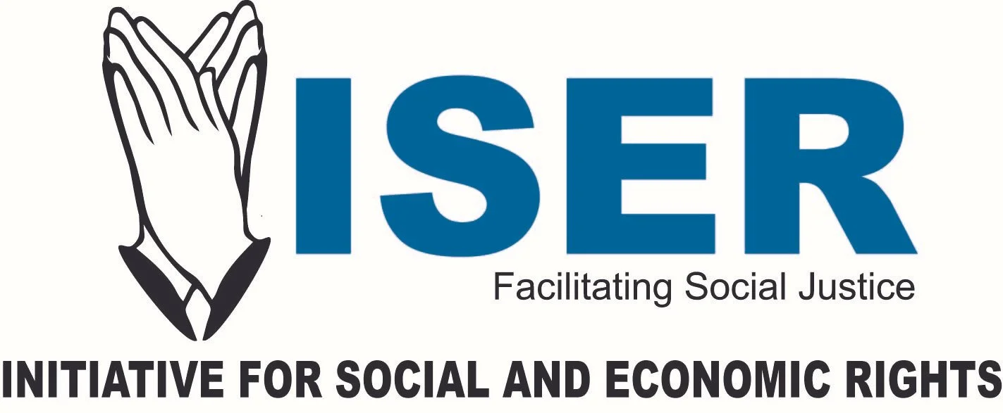 Logo of the Initiative for Social and Economic Rights (ISER), Uganda featuring the outline of two hands overlapping and ISER in large blue letters. Below text reads: Facilitating Social Justice and Initiative for Social and Economic Rights.
