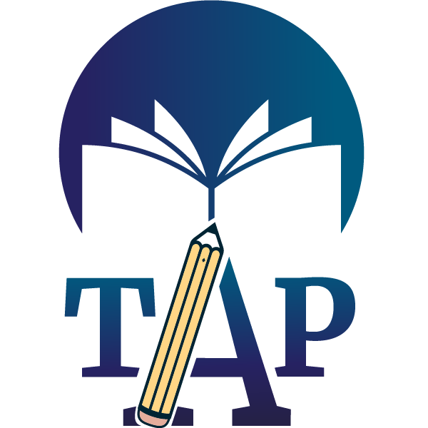Logo of The Alternatives Project (TAP). 'TAP' is written in large blue letters. Part of the 'A' is formed by a drawing of a large pencil pointing upwards. Behind the text is the outline of an open book on a blue circular background.
