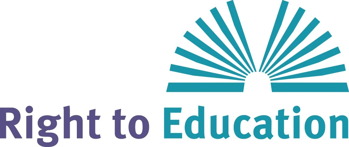 Logo of Right to Education Initiative the words 'Right to Education' in purple and blue and a stylized open book or sunburst design above the word 'Education'.