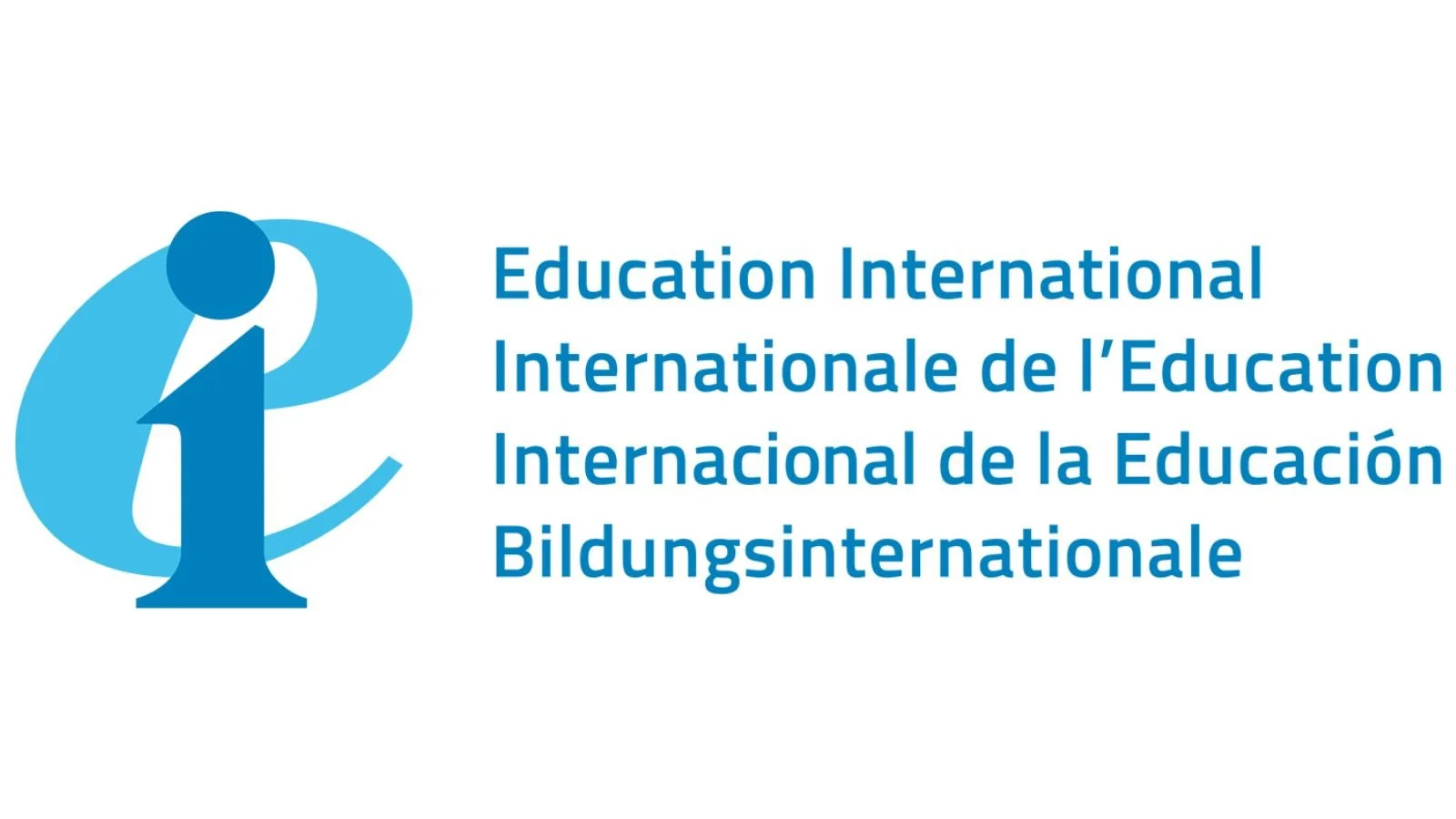 Logo of Education International featuring a large 'i' in dark blue on top of a large 'e' in light blue on the left and the text 'Education International' in English, French and Spanish on the right.