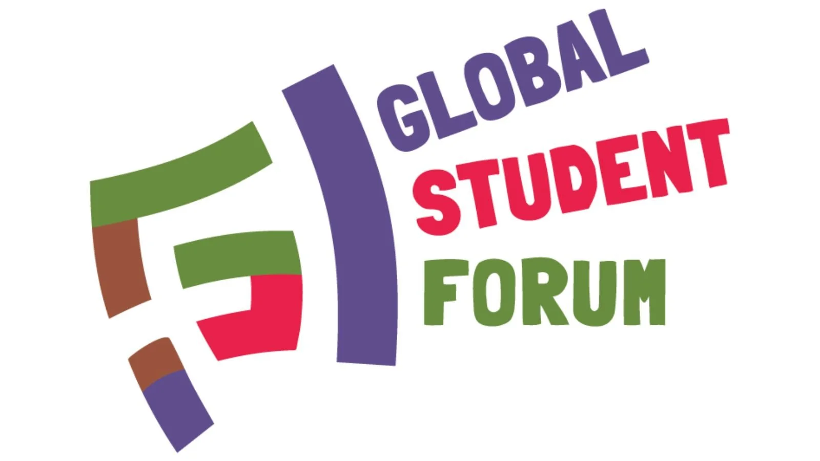 Logo of the Global Student Forum featuring a megaphone in green, purple and red with the words 'Global Student Forum'. on the right.