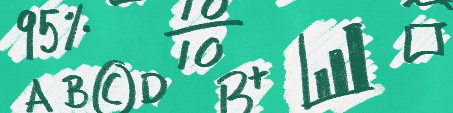 On a blue background, there are hand-drawn illustrations of 95%, ABCD with C circled, B+, 10 out of 10, a bar chart and an empty box.