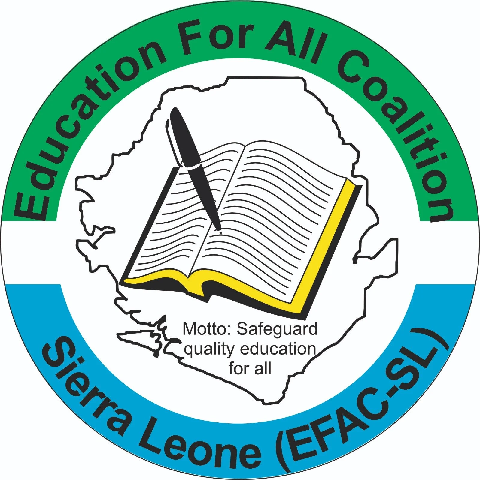 Logo of the Sierra Leone Education for All Coalition (EFAC-SL) with a map of Sierra Leone, an open book, and a pen, surrounded by green and blue borders, with the motto 'Safeguard quality education for all'.