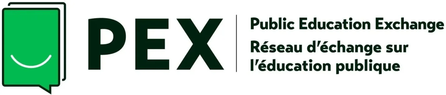 Logo of Public Education Exchange featuring a large green speech bubble on the left, 'PEX' in large, bold letters in the centre and the text 'Public Education Exchange' in English and French on the right.