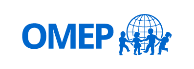 Logo of World Organization for Early Childhood Education, featuring the word 'OMEP' in blue with silhouettes of children holding hands around a globe.