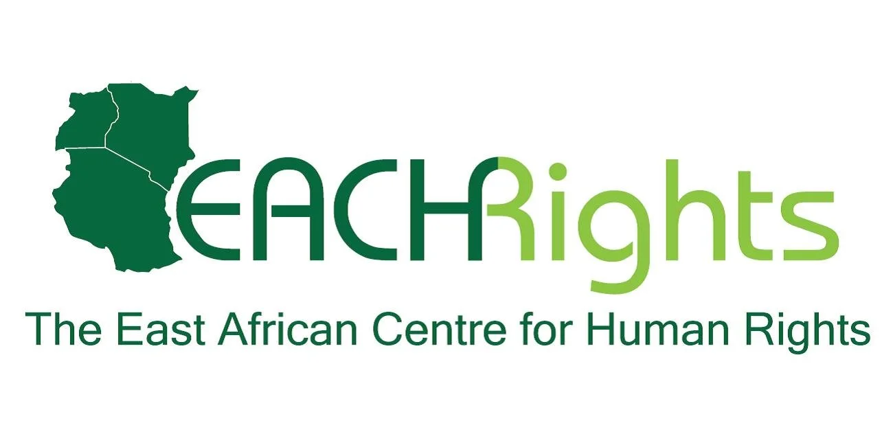 Logo of EACHRights with an outline of a map in dark green and the organisation name, The East African Centre for Human Rights.